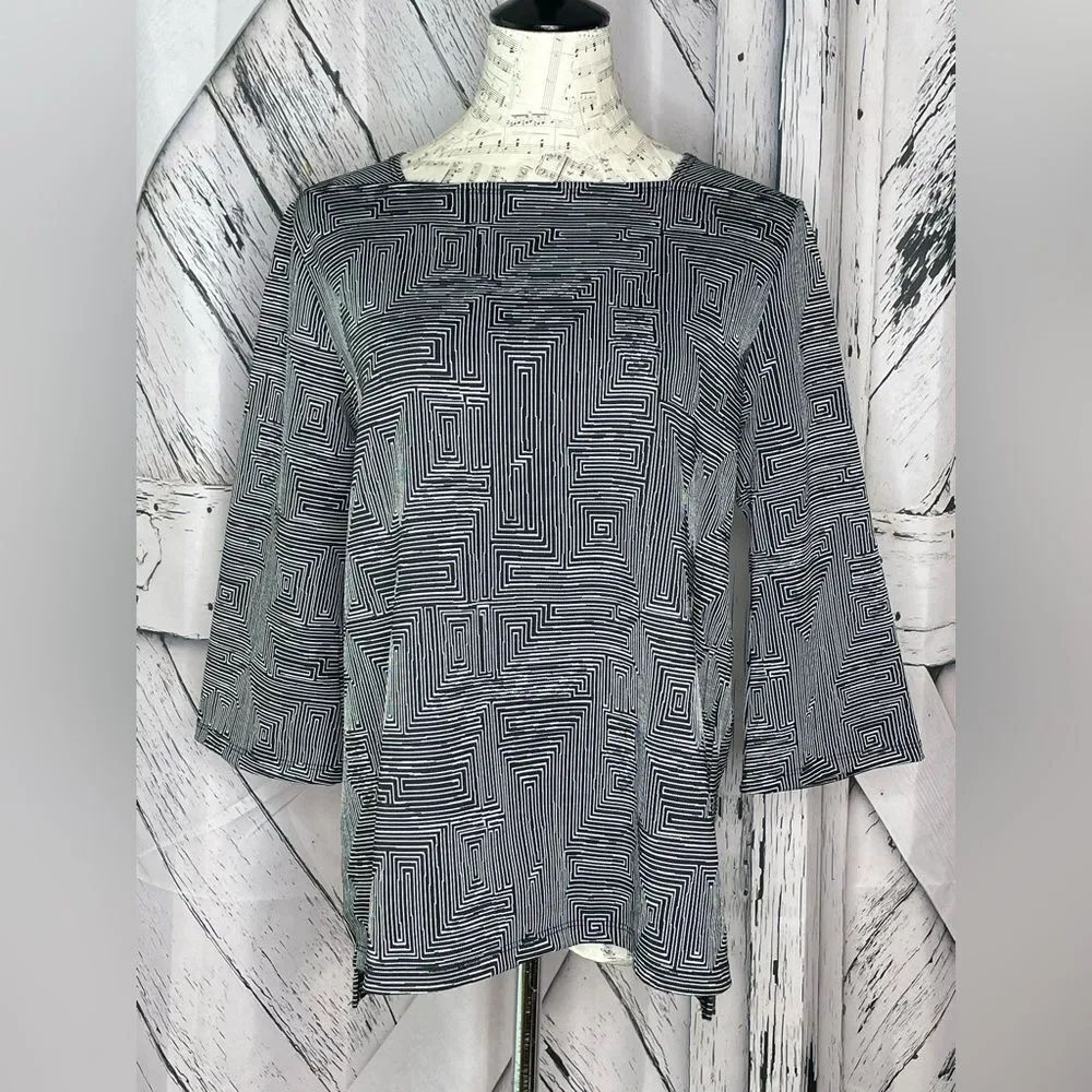 Clara Sun Woo Tunic Geometric Print Top Black White Square Neck Long Sleeve S